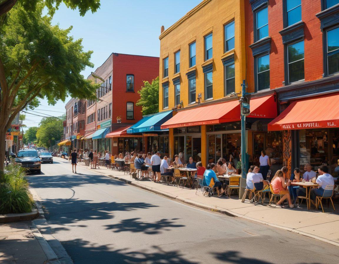 A vibrant street scene in Somerville, showcasing diverse groups of people engaged in joyful activities—children playing, friends laughing at a café, and families enjoying a park. Include colorful murals on the buildings and greenery intertwined in the setting, symbolizing community spirit. The atmosphere should feel warm and inviting, encapsulating everyday happiness. super-realistic. vibrant colors. bright afternoon lighting.