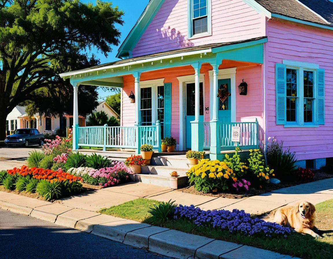 A picturesque small town scene capturing the essence of Somerville, Texas, featuring charming pastel-colored houses with blooming gardens, friendly neighbors chatting on a sunny street, and children playing with a golden retriever. Incorporate elements like a local farmer's market and vintage shops adorned with colorful signs. The atmosphere should radiate warmth and joy, highlighting the simple pleasures of small-town life. vibrant colors. super-realistic.