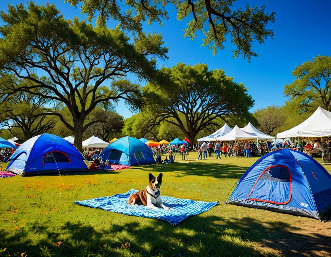A bright, sunlit scene of Somerville, Texas, showcasing vibrant community events such as a lively outdoor festival with colorful tents, families enjoying picnics, and musicians playing. In the foreground, a playful dog runs across a grassy park, while children participate in crafts nearby. A clear blue sky enhances the cheerful atmosphere. Include elements like Texas wildflowers and local food stalls to add a regional charm. vibrant colors. super-realistic.